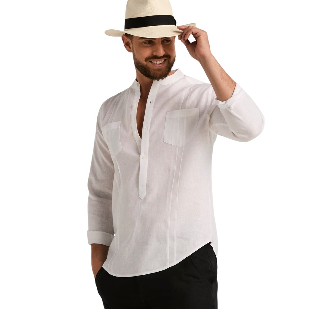 Cubavera Mens XL White Linen Blend Long Sleeve Banded Collar Guayabera Shirt